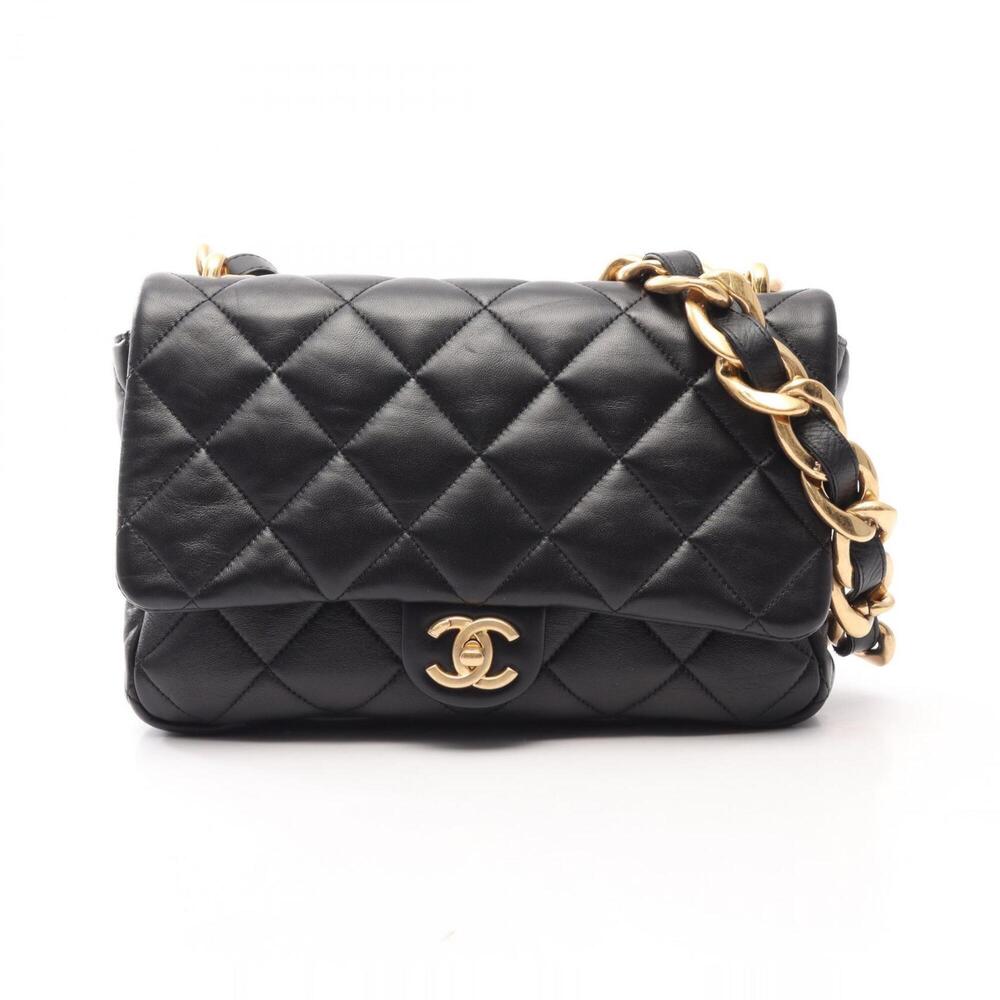 Chanel Large Flap Bag Matelassé Shoulder Handbag Lambskin Leather Women's Bla...